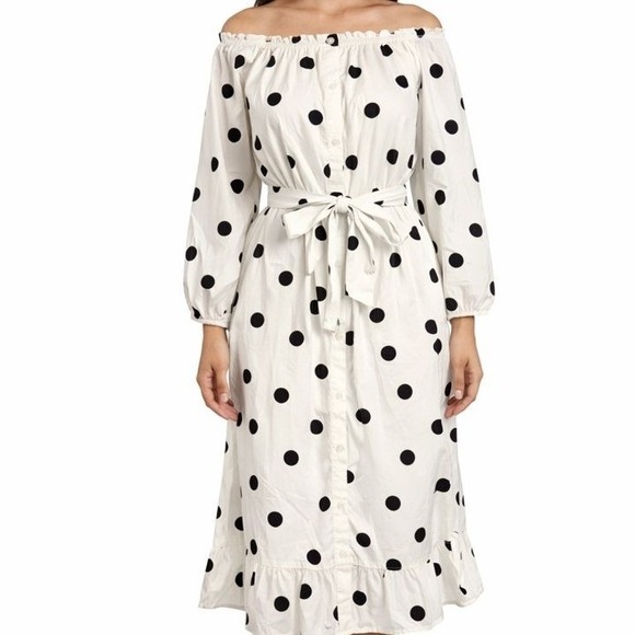 Who What Wear Dresses & Skirts - Who What Wear Polka Dot Midi Dress XS Off Shoulder Belted White Black Button‎ Up